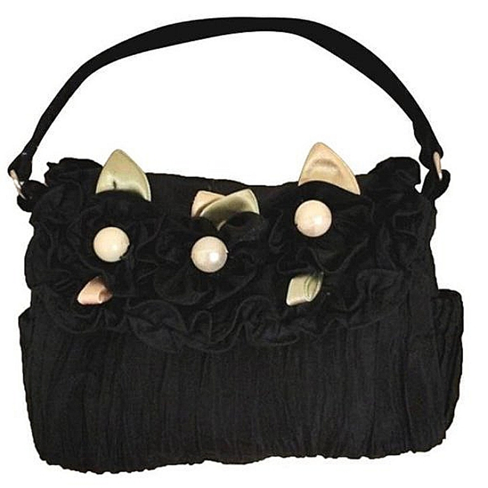 Darling Cat Ears BLACK Handbag Ruffles Summer Purse‎ or Cosmetic Zipper Bag